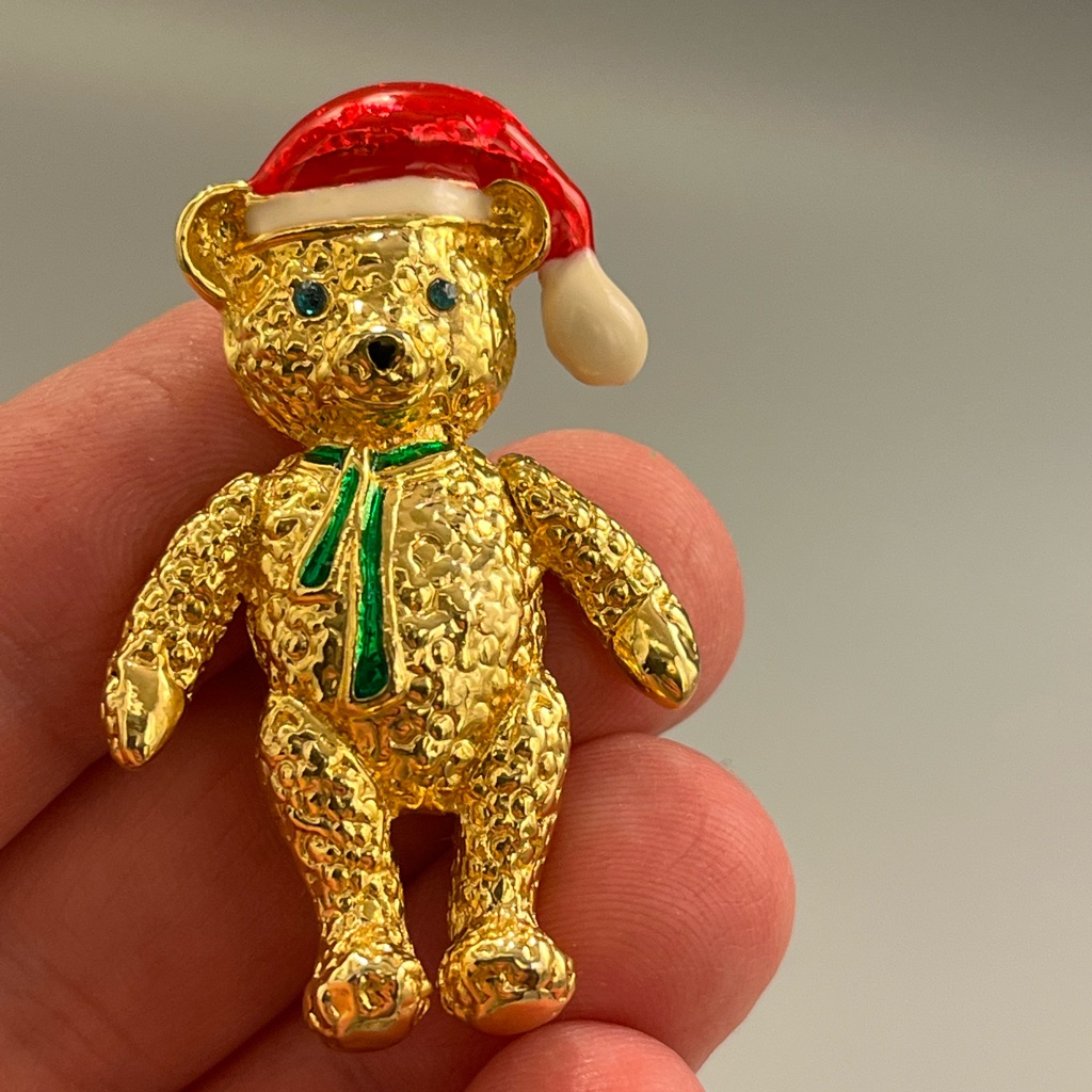 Signed Aai Cute Gold Tone Enamel Rhinestone Christmas Teddy Bear Brooch Pin 12$